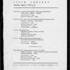 Program for a concert on August 2, 1947. Performed by Lino Bartoli, Edward Lowinsky, Gretel Lowinsky, Harold Sproul, Erwin Bodky, Carol Brice, and Martha Vahrenkamp. Included Sonata in B flat for violin and piano by Mozart, Trio no. 1 for two violins and continuo by Pergolesi, Four Sacred Songs by Bach, Cantata: Strike, thou hour long expected by Bach, String Quartet Op. 18 no.4 in C minor by Beethoven. Program printed by BMC Print Shop. Released by Janet Heling Roberts. Courtesy The North Carolina State Archives