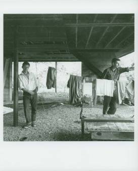 Portrait taken by Jonathan Williams of Dan Rice and Robert Creeley at Black Mountain College, ca. 1955. This photograph was likely taken under the Studies Buildings on the Lake Eden campus. Creeley taught Literature and Writing at BMC in 1954 and Rice was a student from 1946-1953.