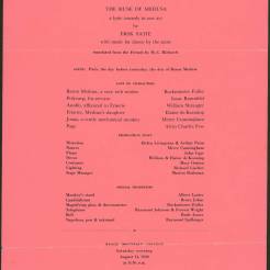 Program for performance on August 14, 1948 of “The Ruse of Medusa: a lyric comedy in one act” by Erik Satie. Cast included: Buckminster Fuller, Isaac Rosenfeld, William Shrauger, Elaine de Kooning, Merce Cunningham, and Alvin Charles Few. Direction by: Helen Livingston and Arthur Penn. Dance by: Merce Cunningham; Music performed by: John Cage. Courtesy the North Carolina State Archives