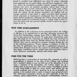 Black Mountain College Announcements, 1942-1943 Original bulletin that describes scholarships, previsions for students from Enlisted Reserve Corps, changes in curriculum due to the war, the work program, and lists of college fees. Printed commercially. Released by Nell Goldsmith Heyns. Courtesy the North Carolina State Archive