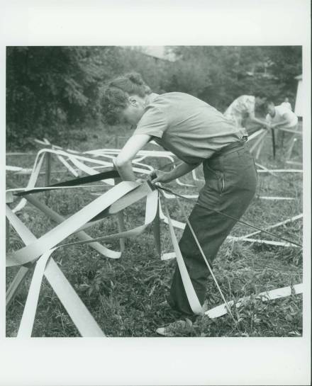 Elaine de Kooning and Buckminster Fuller’s Venetian Blind Strip Dome, 1948 Summer Session in the Arts, Black Mountain College. Photo by Trude Guermonprez (1910-1976). Courtesy Western Regional. Archives