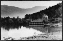 Original postcard featuring the view of the Dining Hall on the Lake Eden campus, no date. Released by Emily R. Wood. Courtesy of Western Regional Archives.