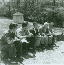 Group Portrait, Blue Ridge Campus, Black Mountain College. Photograph of Charles Lindsley (?), John Evarts, Robert Wunsch, Erwin Straus, Heinrich Jalowetz. Courtesy of Western Regional Archives.